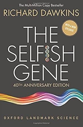 Book cover for The Selfish Gene: 40th Anniversary Edition by Richard Dawkins. There is a simple black background and one rainbow hued silky line across the bottom.