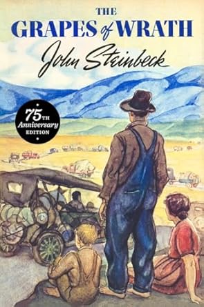 Book cover for The Grapes of Wraith by John Steinbeck. Cover shows a family looking out on the valley and hills and at a car driving away. By their dress, and the model of the car the reader knows this is during the Great Depression.