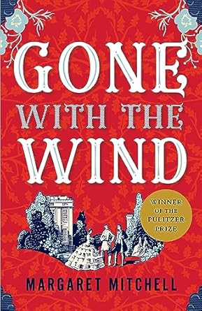 Book cover for Gone With the Wind by Margaret Mitchell. Background shows a classic red wallpaper design with blue and gray flower filigrees in the corners. There is a rendering of a historic town with buildings and trees and socialites communing in the middle.