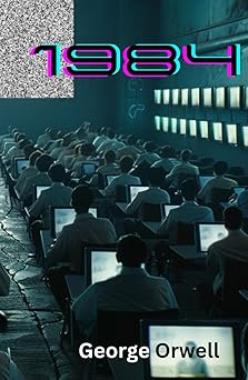 Book cover of 1984 by Geroge Orwell. Background shows rows and rows of humans with personal electronic screens. There are rows and rows of screens on the wall and a giant one at the front of the room. Everything is in gray tones.