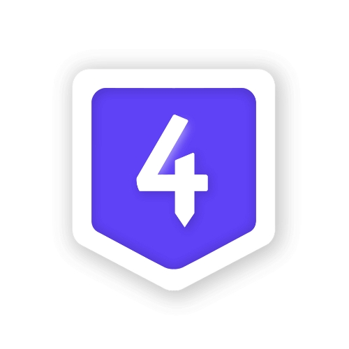 4thewords website logo. The 4 is written in white on a blue badge outlined in white. The whole badge is outlined in shadow.