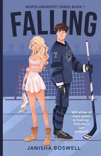'Falling' by Janisha Boswell book cover with a young woman holding skates and a young man in hockey gear standing on an ice rink