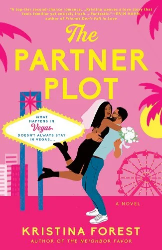 'The Partner Plot' by Kristina Forest book cover with a couple embracing and a few buildings, a ferris wheel, and a palm tree in the background