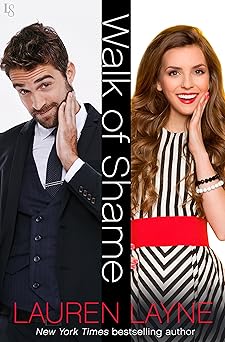 'Walk of Shame' by Lauren Layne book cover showing a man on the left and a woman on the right, each with a hand pressed to their face