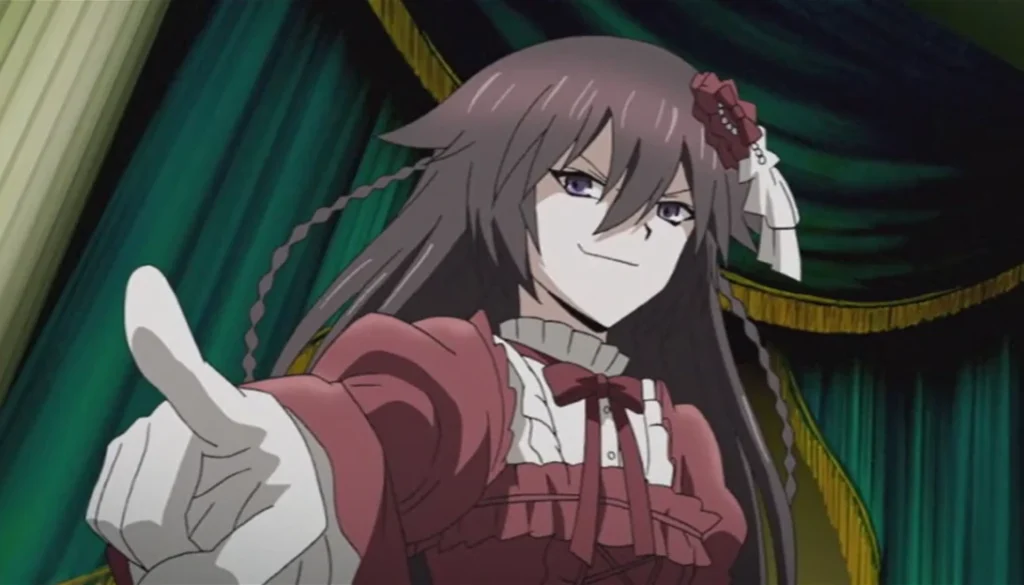 Pandora Hearts anime screengrab of Alice dressed formally as she smirks and points at someone.