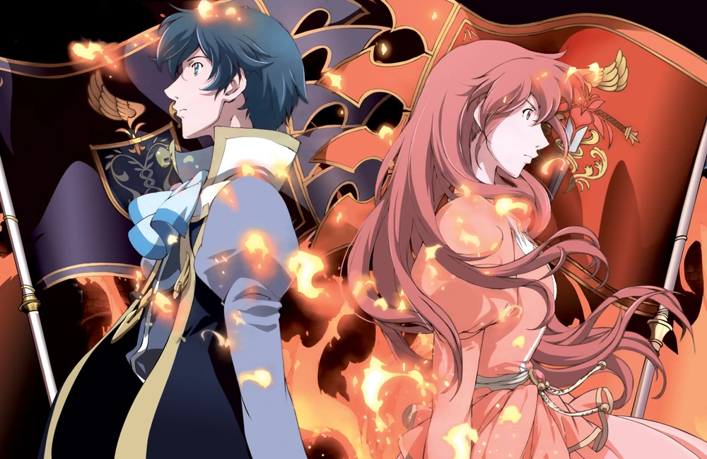Romeo x Juliet anime promotional poster featuring Romeo and Juliet back to back. Their family flags are placed behind them while flames appear between the characters.