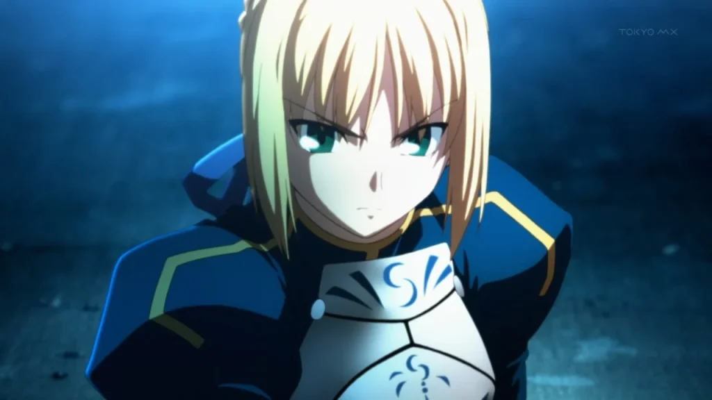 Saber from Fate/Zero; her eyes narrow as she glares at something.