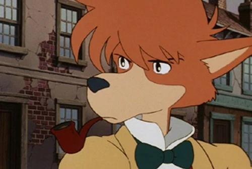 Sherlock Hound anime screengrab of an anthropomorphic dog version of Sherlock Holmes as he stares intently with his pipe in his mouth.