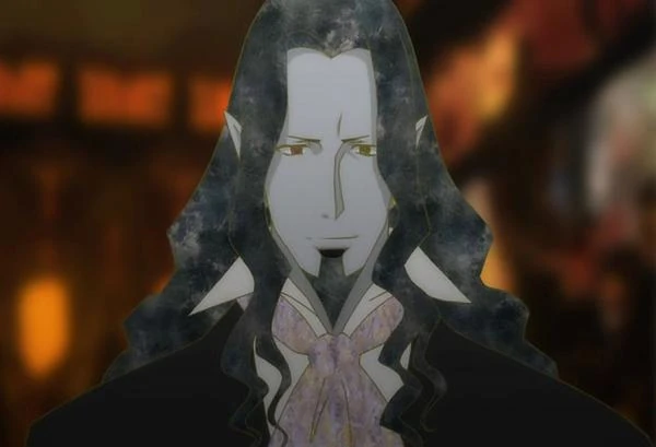Gankutsuou: The Mount of Monte Cristo anime still of the Count lightly smiling; his skin is light blue and he has pointy ears like a vampire's.