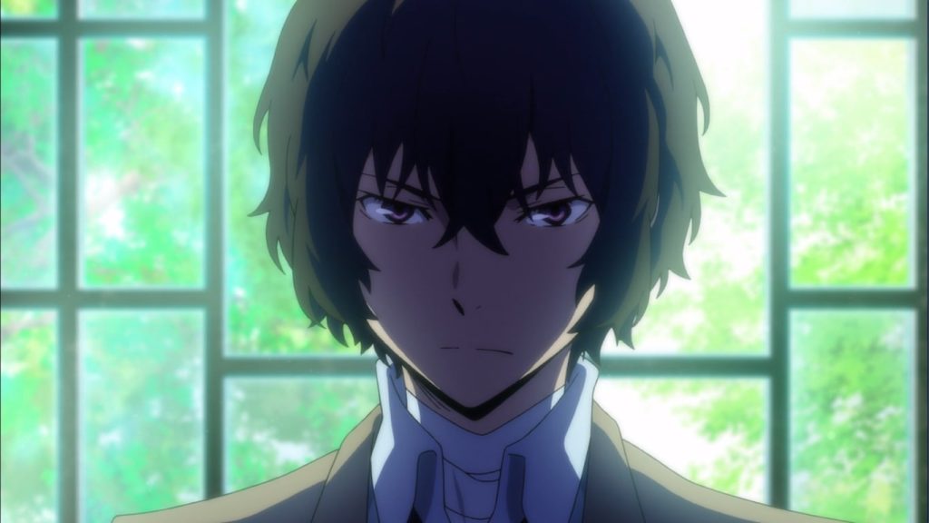 A glaring Dazai from Bungou Stray Dogs with a bright window with greenery in the background.