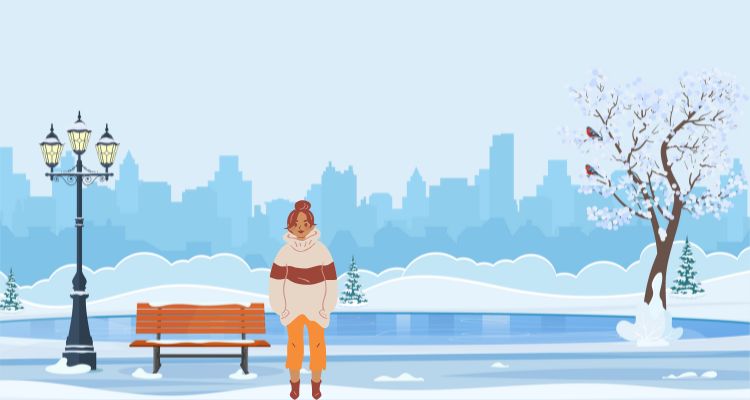 Winter scenery with buildings in the background, a pond, trees, and a woman standing next to a bench.