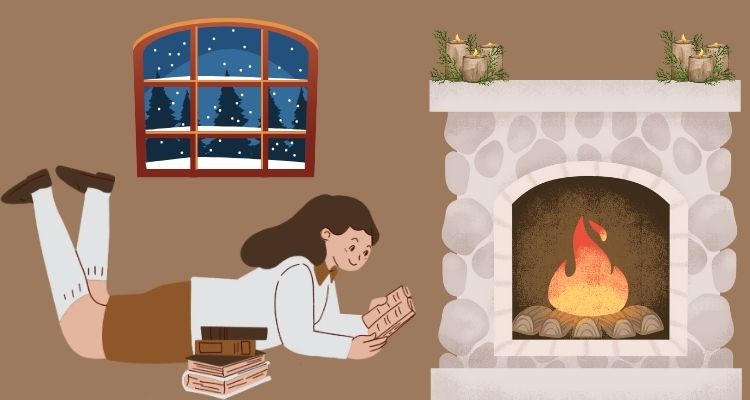 A girl reading a book in front of the fireplace with candles on top and a window looking outside at a snowy landscape