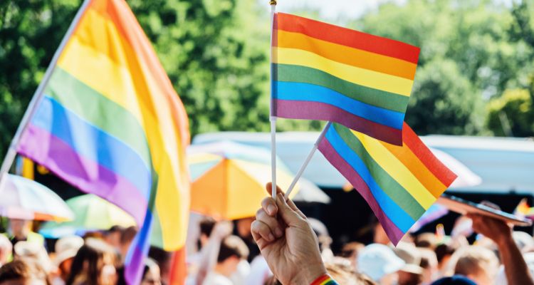A crowd of people hold up rainbow flags during a festival.
