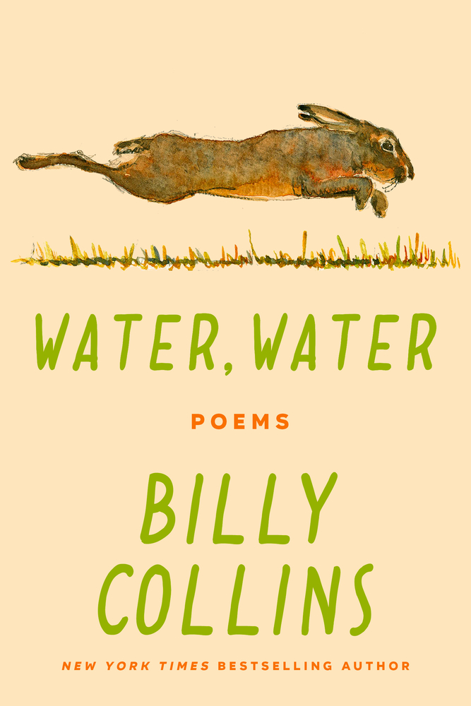 Cover of Water, Water: Poems by Billy Collins, featuring an illustration of a brown hare leaping across a grassy patch on a light tan background.