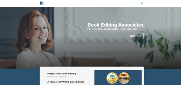 Book Editing Associates homepage. A woman to the left is smiling on the front page.