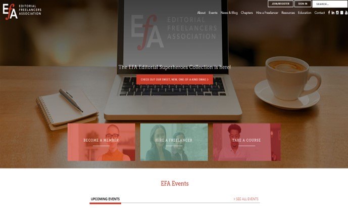Editorial Freelancers Association homepage. The page featured a faded image of a computer, notebook, and coffee.