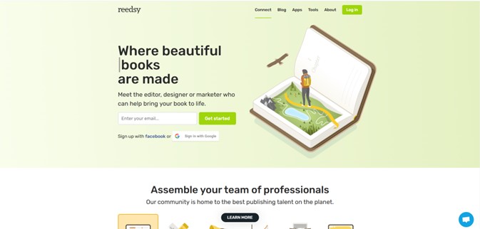 Reedsy homepage. It has light green tones and an icon with a person standing in a book that has a map.