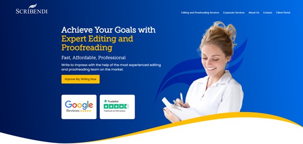 Scribendi homepage. There are dark blues with a woman to the right smiling and writing down something.