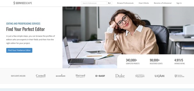 ServiceScape homepage. A woman in a sweater is sitting at a desk and is smiling with a hand holding up her head.