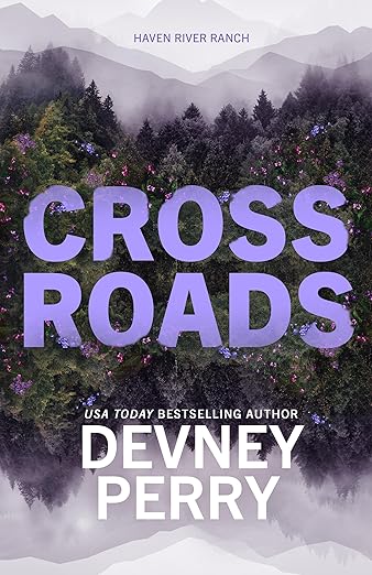 Book cover of "Crossroads" by Devney Perry featuring a foggy forest with trees surrounding the title.