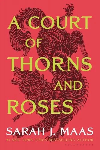 Book cover of "A Court of Thorns and Roses" by Sarah J. Maas with a bright red background and the silhouette of an animal.