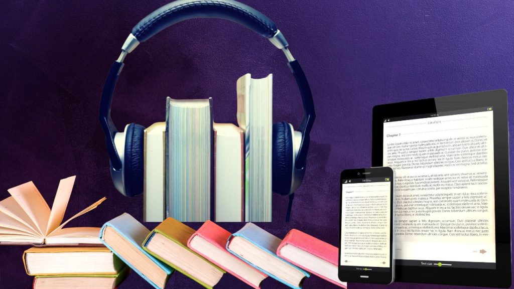 A small stack of books, books with headphones over them, and aphone and Kindle against a purple background