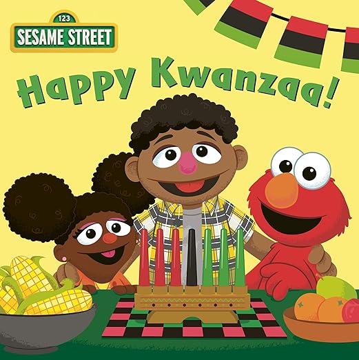 Cover of Happy Kwanzaa! featuring characters Gabrielle and Tamir with Elmo and a yellow background.