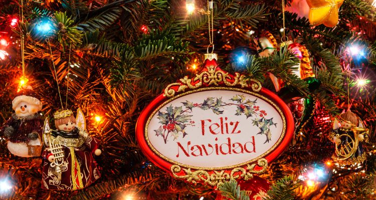 A close up of ornaments in a Christmas tree. A red oval shaped ornament with gold trim that read "Feliz Navidad". Other ornaments include a snowman, an angel, a horse, and a trumpet.