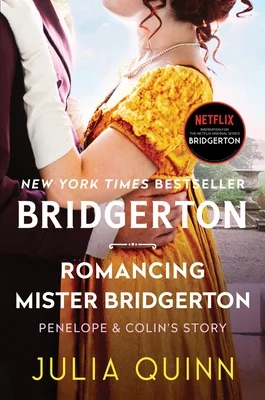 The cover of "Romancing Mister Bridgerton" by Julia Quinn features a close-up of a couple embracing, with the woman in a yellow gown.