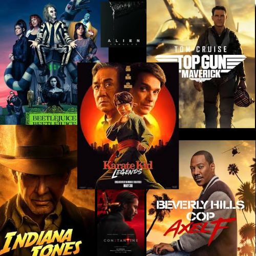 1A compilation of classics and reboots of films from the 80s and 90s era. "Beetlejuice 2," "Top Gun 2," "Indiana Jones 5," "Karate Kid 6," "Constantine 2" "Alien Romulus," "Beverly Hills Cop 4"