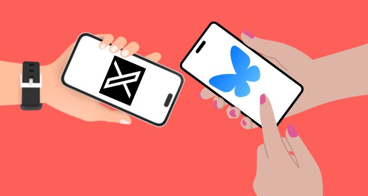 Two people hold out their phones, one screen has X logo the other has Bluesky.