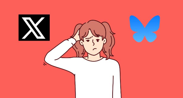 Woman scratches her head with the logo for X and Bluesky on either side of her.