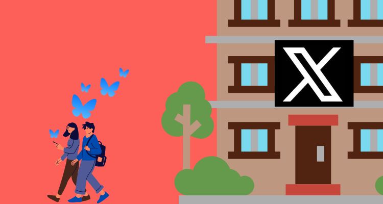 Two people walk away on their phones from a building with the Twitter logo.