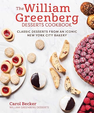 Book cover for The William Greenberg Desserts Cookbook by Carol Becker. It shows a marble counter with a variety of fancy desserts on it.