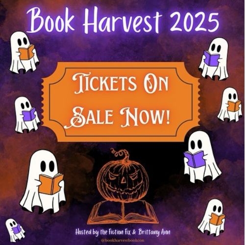 Black, purple, and orange color scheme. The text says: Book Harvest 2025. Tickets on Sale Now! Ghosts surrounding the image reading books.