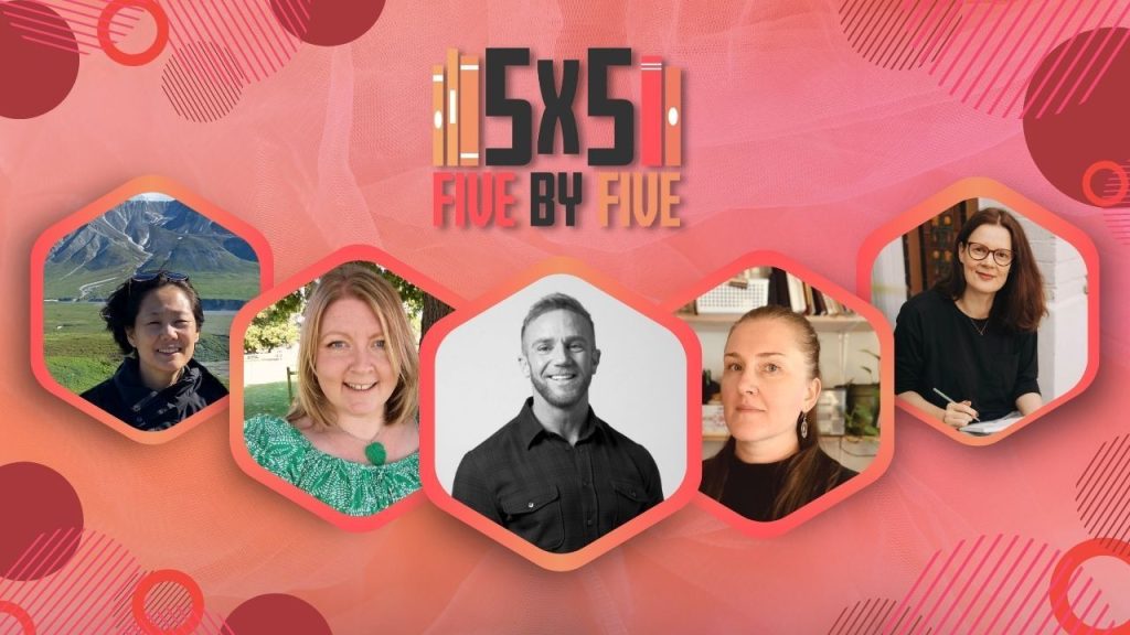 Keep it Colorful: Capturing Childlike Wonder with 5 Illustrators by Sabrina Delgado. The image shows Boosktr's 5x5 logo and 5 images of the people interviewed in the article.