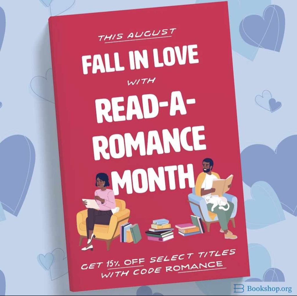 Red background with white text with two people sitting in chairs reading books and a stack of books on the floor