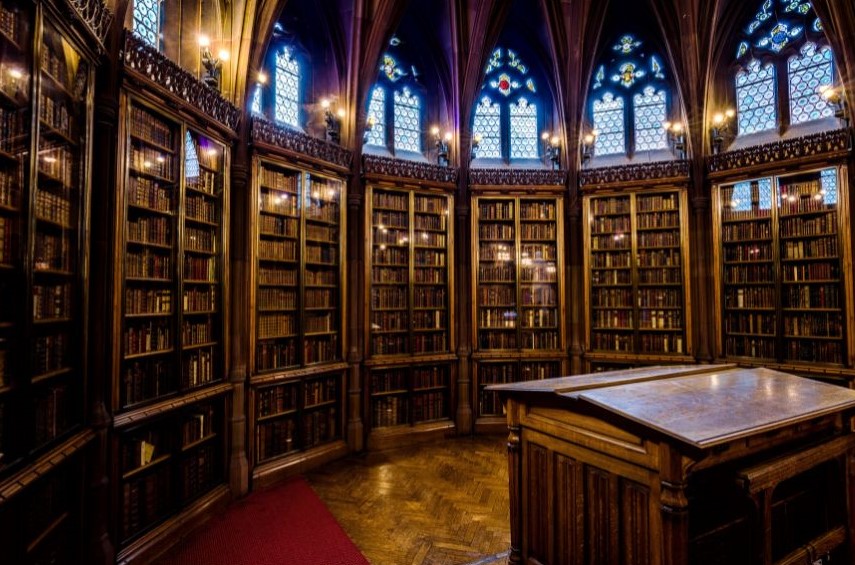 Dark wood bookshelves stacked with books against the wall