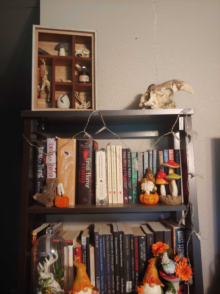 There are two shelfs packed with horror books. On top sits a real white goat skull and a wooded case of bony trinkets. The shelf is decorated with moon string lights, orange pumpkins, two white bearded gnomes, and red and green mushrooms. There is a fake, yet realistic white deer skull in a glass case. From Gray O'Dell.
