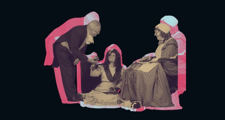 An old man offers a gift to a woman while an older woman watches with a smile.