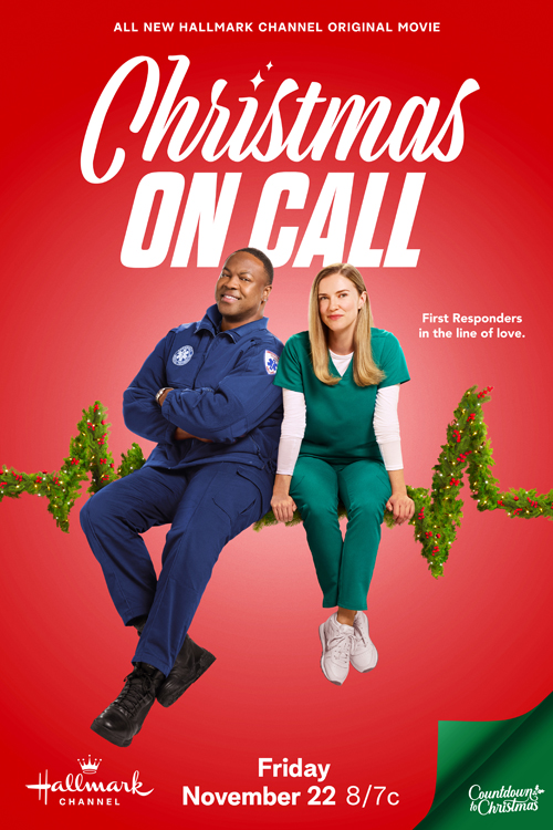 "Christmas on Call" movie poster of the main leads sitting on a decorative garland that looks like a heart beat on a monitor.