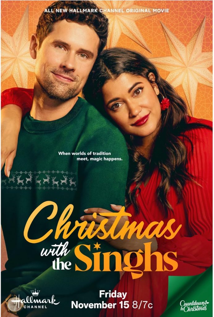 "Christmas With the Singhs" movie poster of the main couple sitting side by side with an orange background with decorative stars.