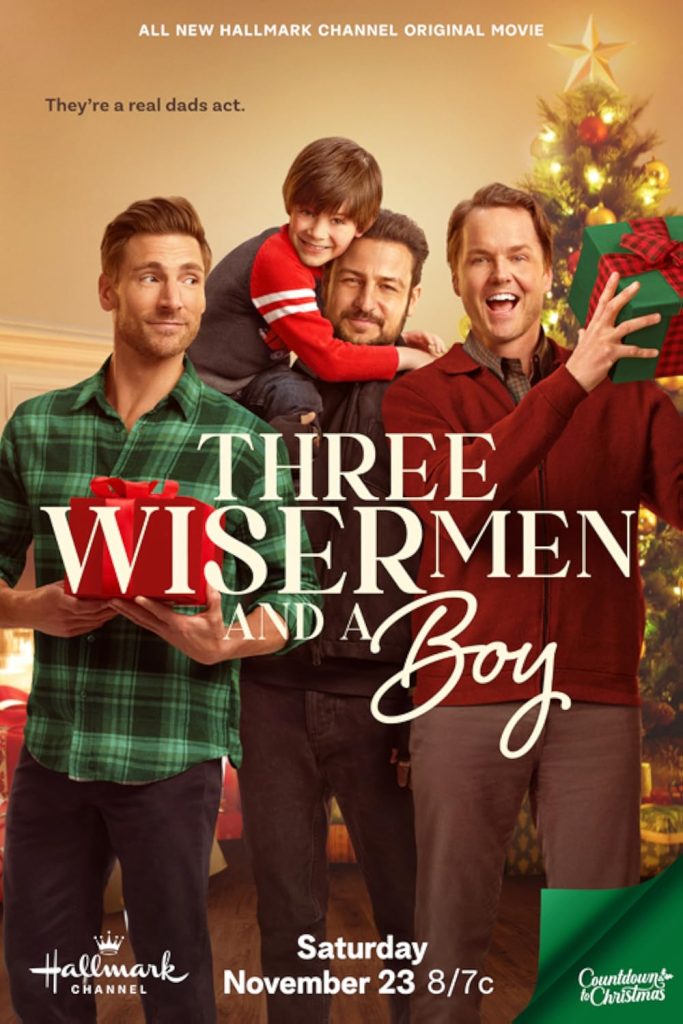 "Three Wiser Men and a Boy" movie poster of the three Brenner brothers by a Christmas tree holding presents as one of them is carrying Thomas.