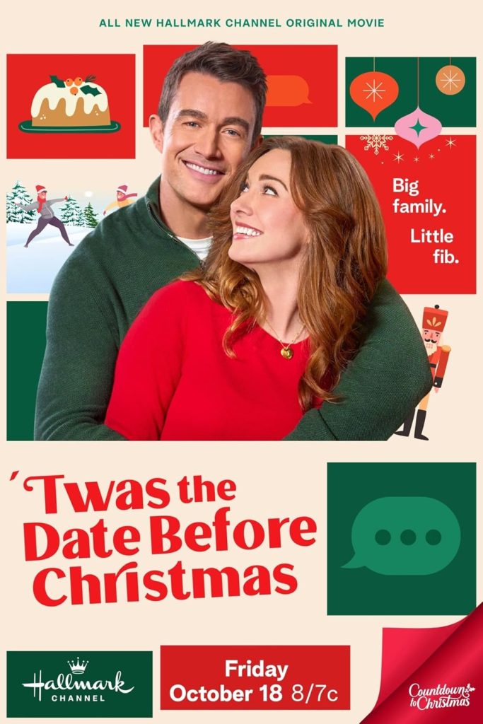"'Twas the Date Before Christmas" movie poster of the main male lead hugging the female lead from behind as she looks at him.