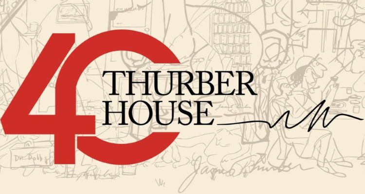 Red number 40 curved around Thurber House. Cream background with sketches of people overlapping each other.