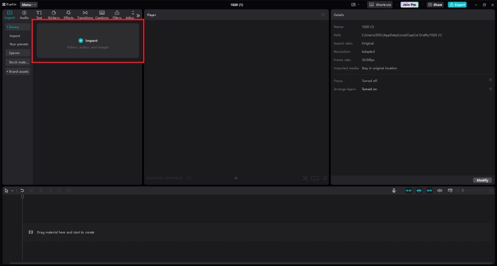 A guide shows CapCut's video software is opened to a black screen to demonstrate how to import files, located on the left side of the screen.