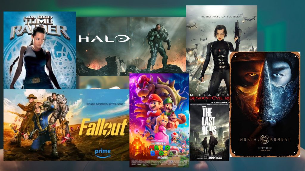 Collage of videogame to film/tv adaptations, e.g. Tomb Raider, Halo, The Last of Us, Fallout, Mortal Kombat, Resident Evil, Mario