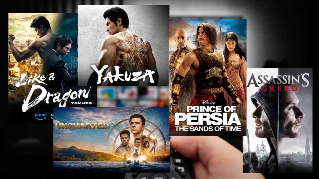 A collage of videogame adaptations, from Yakuza, Prince of Persia, Uncharted and Assassin's Creed