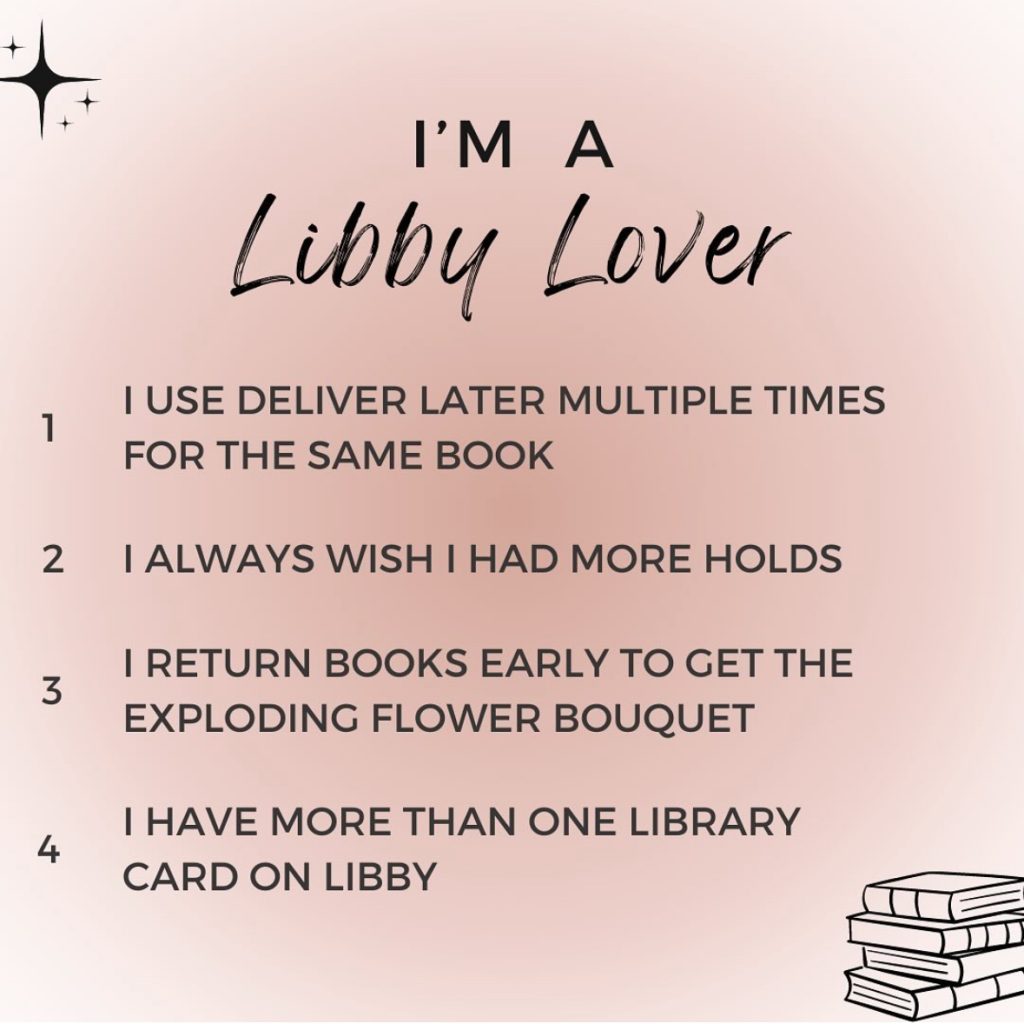 A pink background with black text. In the top left corner are sparkles. In the bottom right corner is a stack of books.