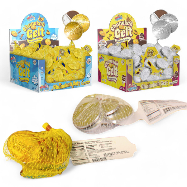 The packing boxes for chocolate gelt coins, showing golf foil covered chocolate in mesh bags.